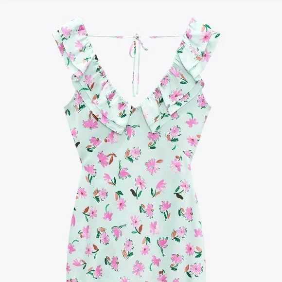 Zara Ruffled V-Neck Floral Slip Dress Sz M - Picture 4 of 12